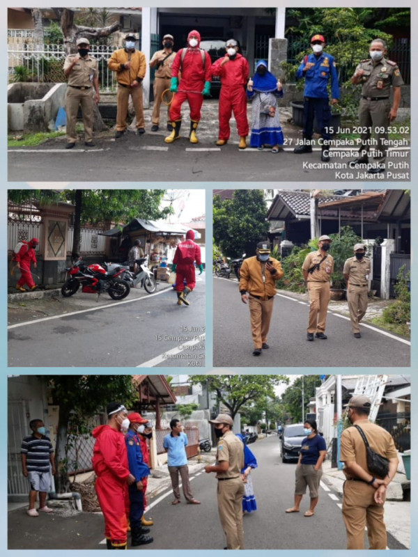 Penyemprotan desinfektan Oleh pemadam Kec Cempaka Putih Lokasi RW 05 Kel CPT